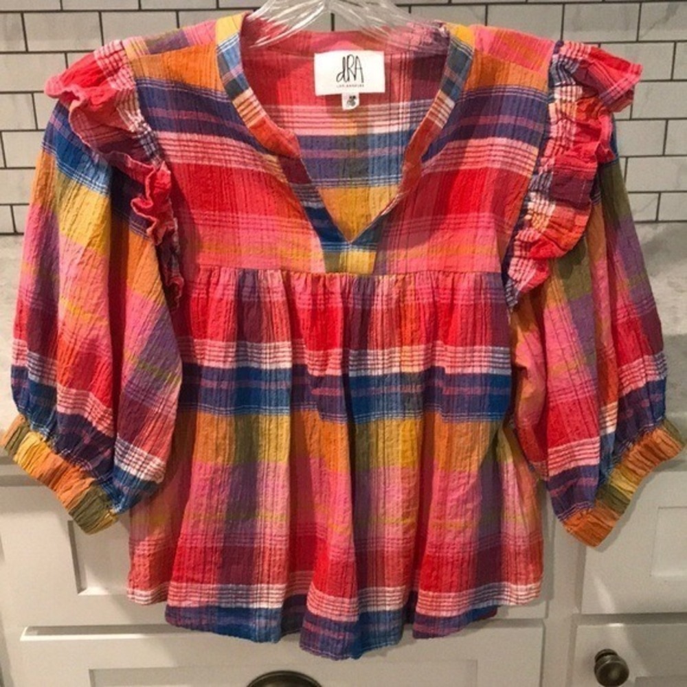 DRA Shirt Womens XS Pink Plaid Ruffle Janice Boho dRA Los Angeles Blouse Top